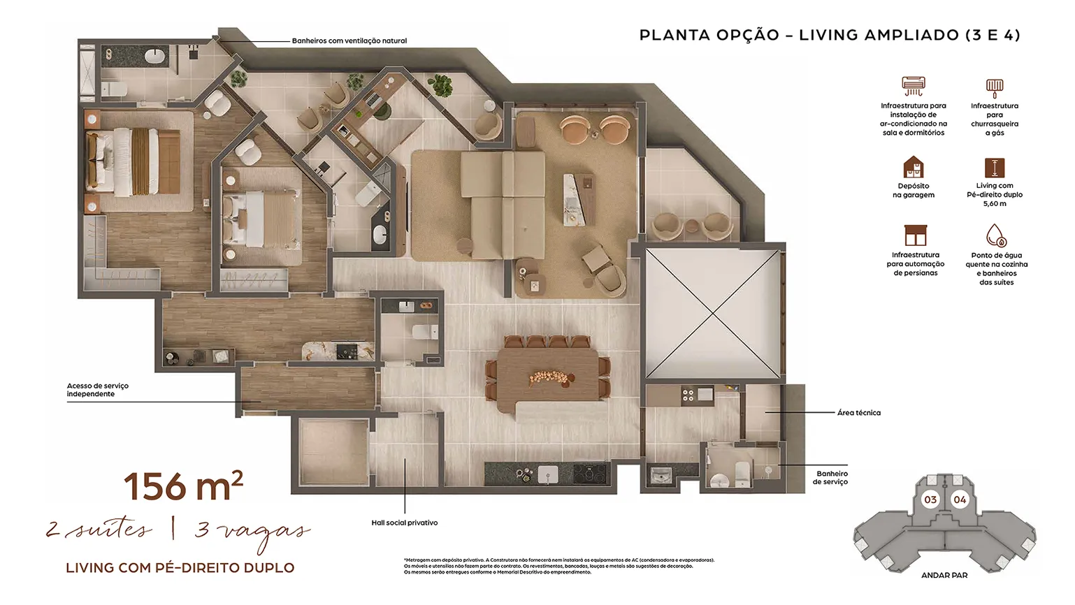 Planta Planta Opção — Living ampliado (3 e 4) — 156 m²